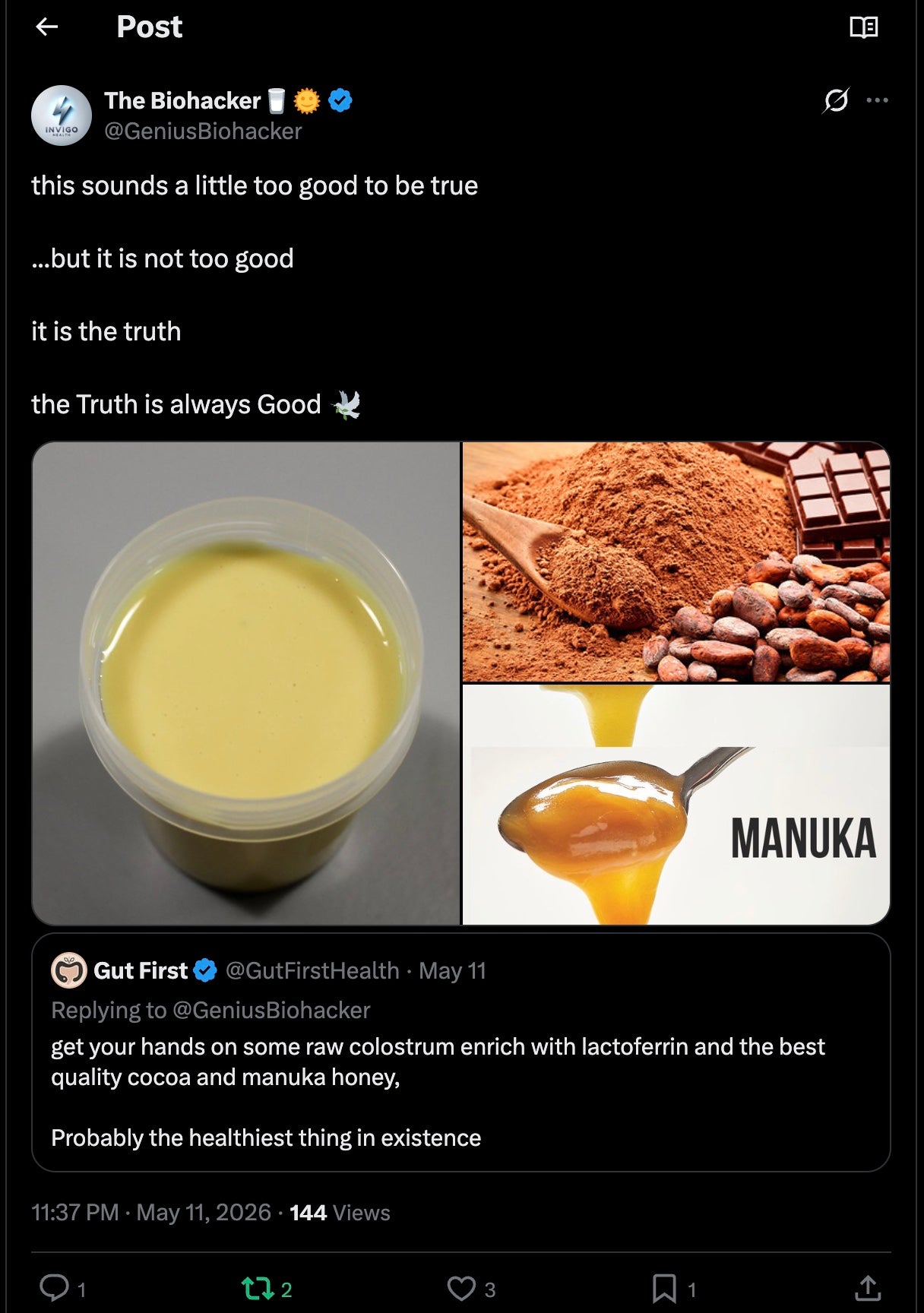 THE ETERNAL EUPHORIA ELIXIR: ANABOLIC RAW COLOSTRUM CHOCOLATE MILK - enriched with collagen, manuka honey & lactoferrin: 100% NATURAL & ORGANIC - highest quality raw cacao & bovine pasture raised collagen & colostrum